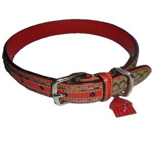 COACH LEATHER RED WITH BROWN JACQUARD SIGNATURE C DOG PET COLLAR 60339 SIZE L